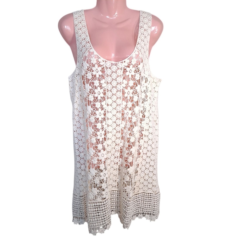 Solitaire Swim Women's Cover-Up Size M Beige Floral 100% Cotton Pullover